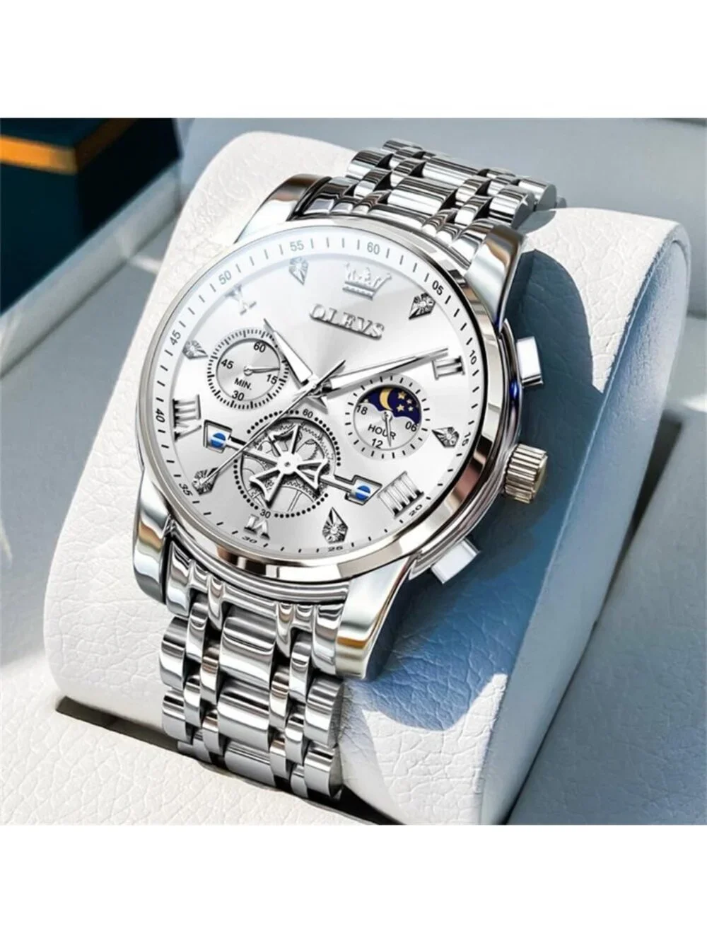 Men's All silver Stainless Steel Waterproof Big Face Multifunction  Wrist Watch
